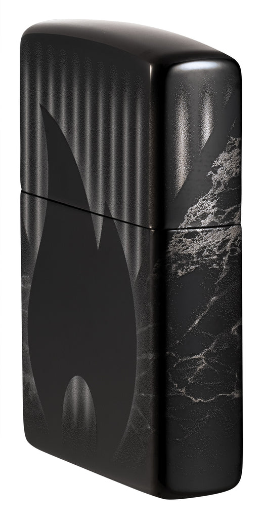 Angled shot of Zippo Design High Polish Black Windproof Lighter showing the front and right side of the lighter.