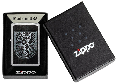 Zippo Dragon Shield Design Street Chrome Windproof Lighter in its packaging.