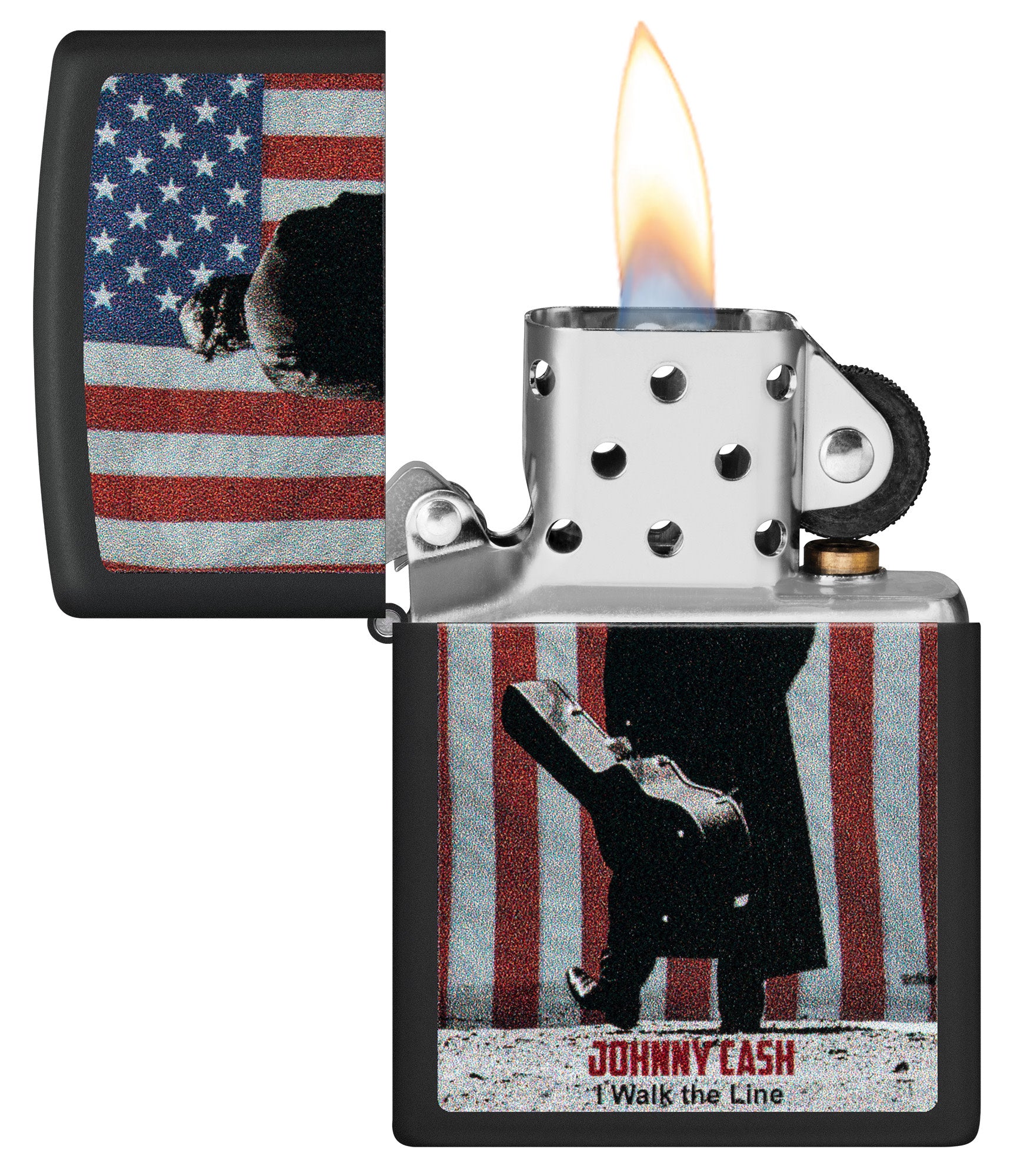 Zippo Johnny Cash Walk the Line Black Matte Windproof Lighter with its lid open and lit.