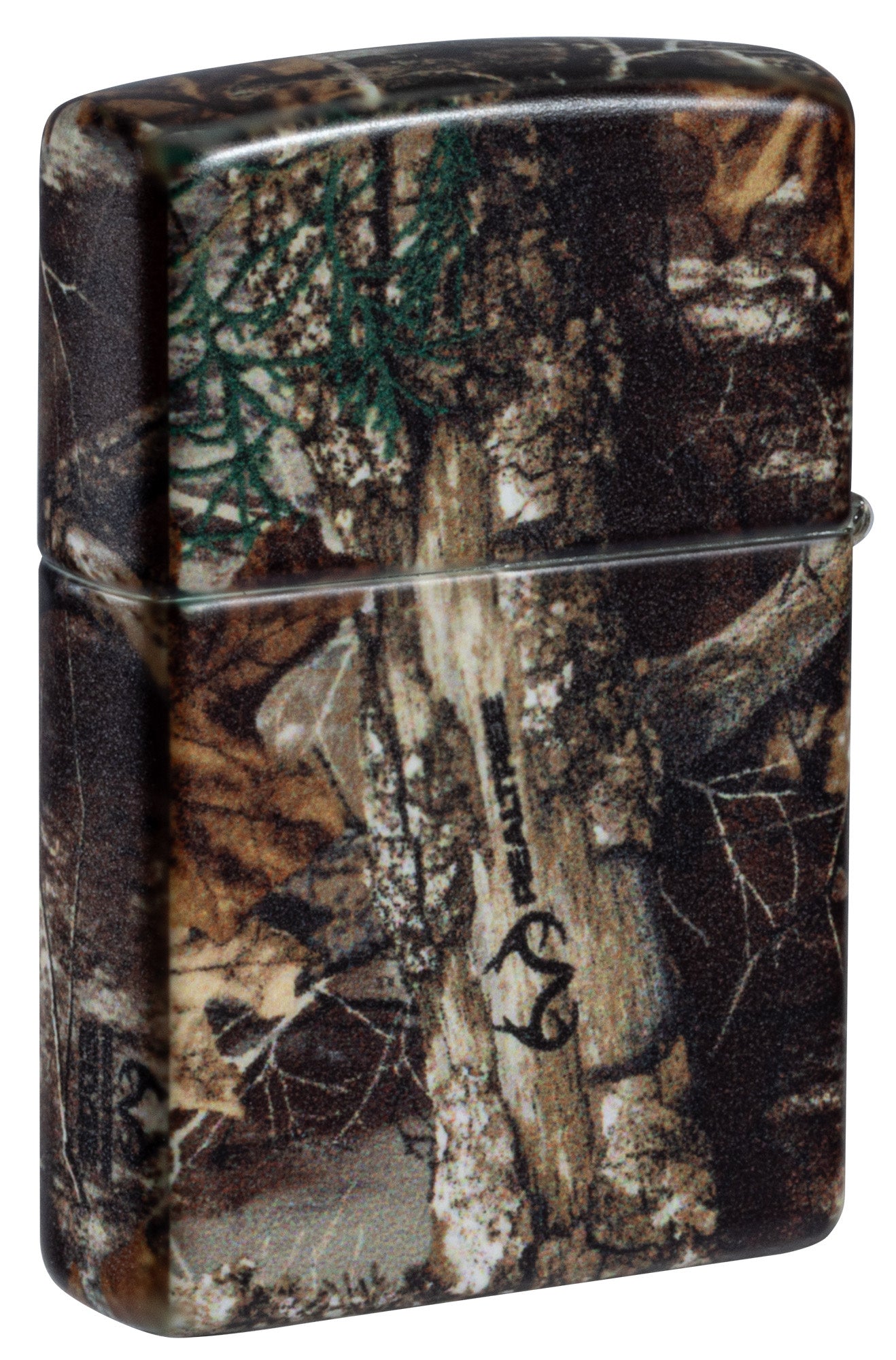 Back shot of Zippo RealtreeÂ® EDGEâ„¢ Camo Design 540 Matte Windproof Lighter standing at a 3/4 angle.