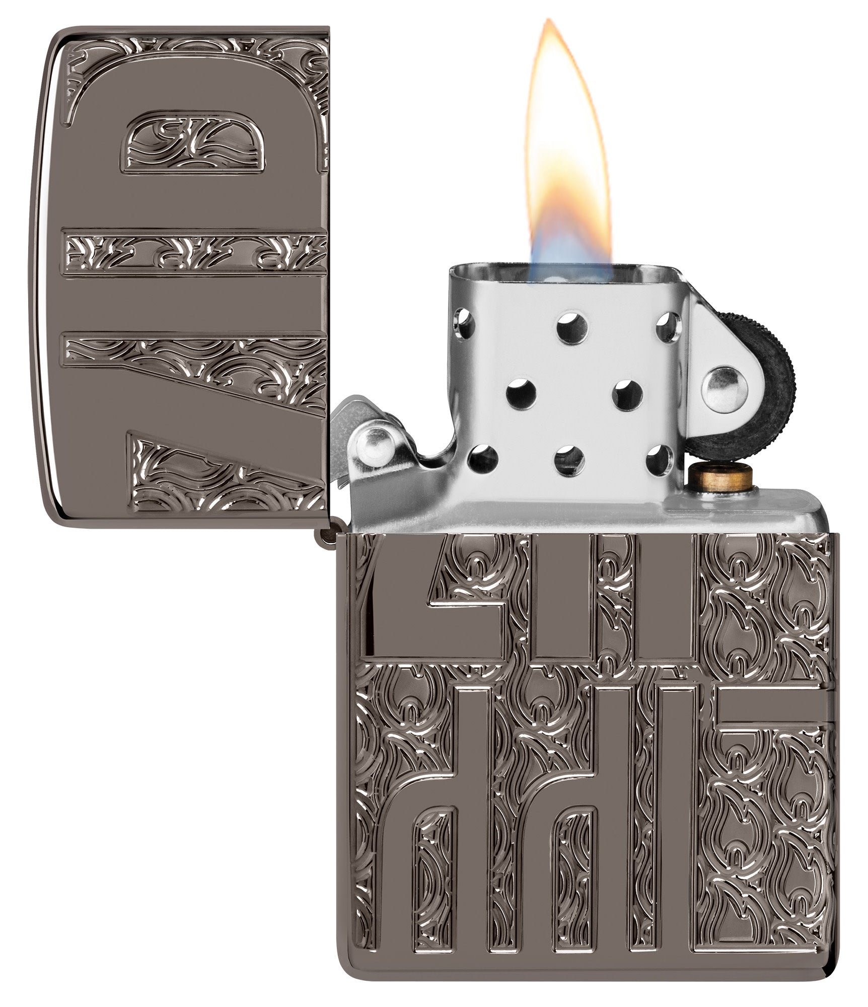 Zippo Reverse Carve Zippo Design ArmorÂ® Black IceÂ® Windproof Lighter with its lid open and lit.