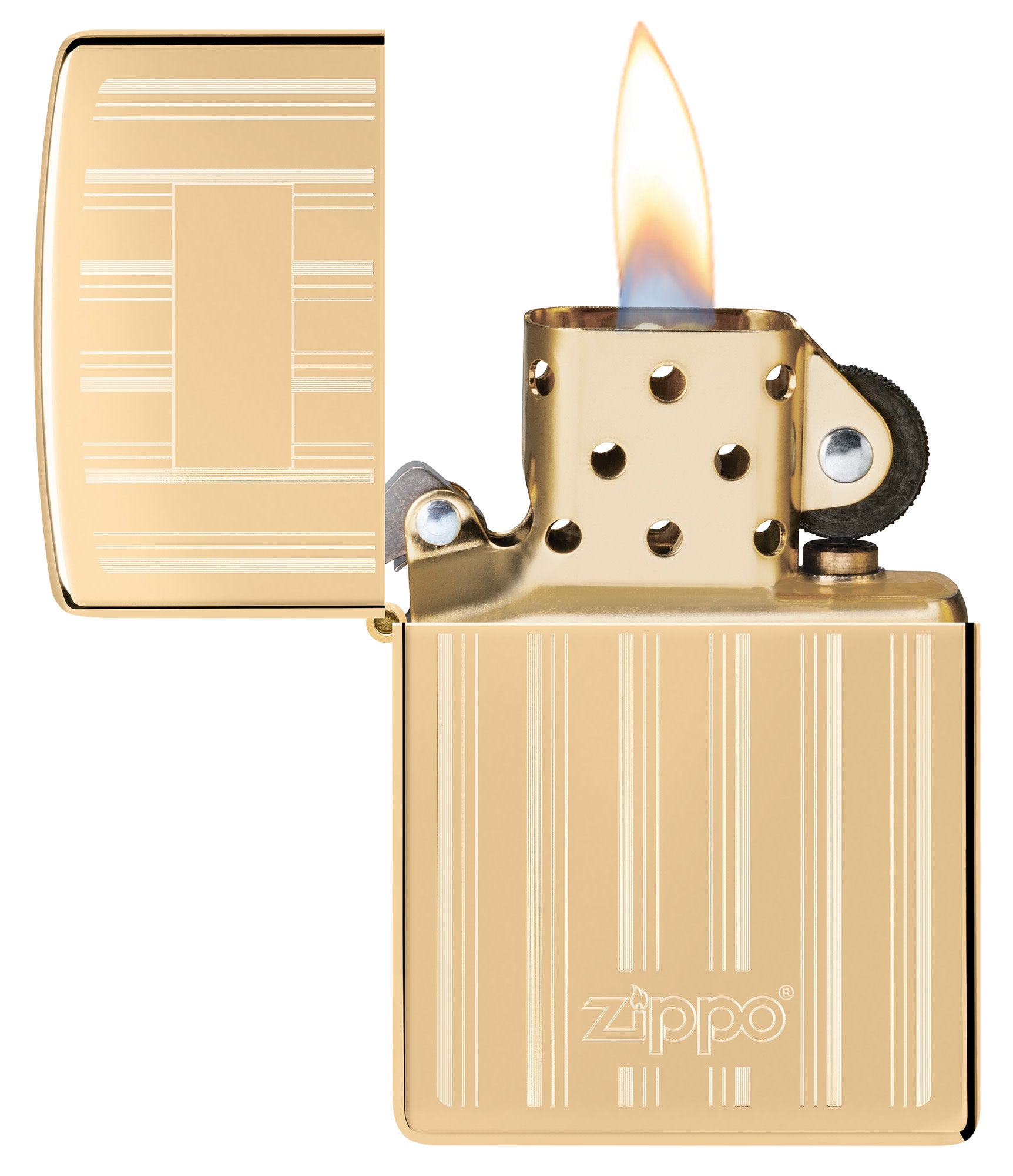 Zippo Design High Polish Brass Windproof Lighter with its lid open and lit.