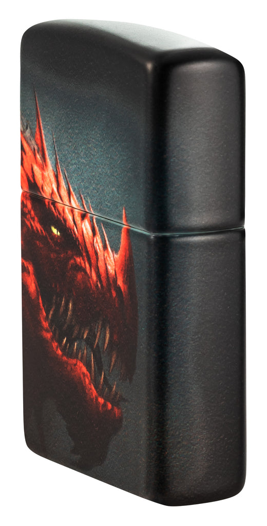 Angled shot of Zippo Dragon Design 540 White Matte Windproof Lighter showing the front and right side of the lighter.