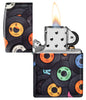 Zippo Records Design 540 Matte Windproof Lighter with its lid open and lit.