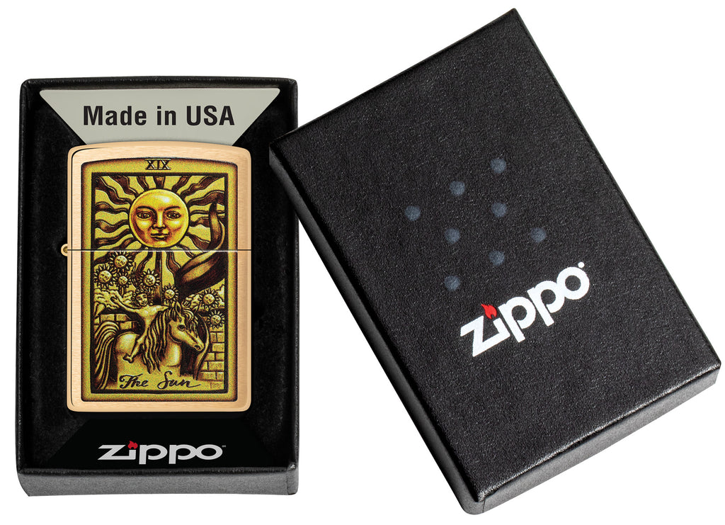 Zippo Tarot Card Brushed Brass Windproof Lighter in its packaging.