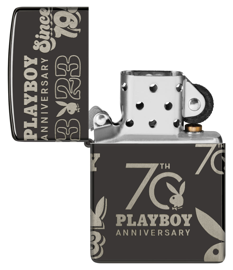 Zippo Playboy 70th Anniversary High Polish Black Windproof Lighter with its lid open and unlit.