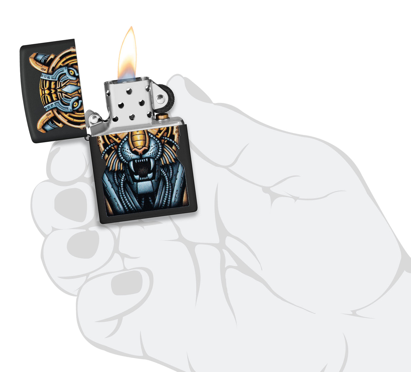 Zippo Bionic Tiger Design Black Matte Windproof Lighter lit in hand.