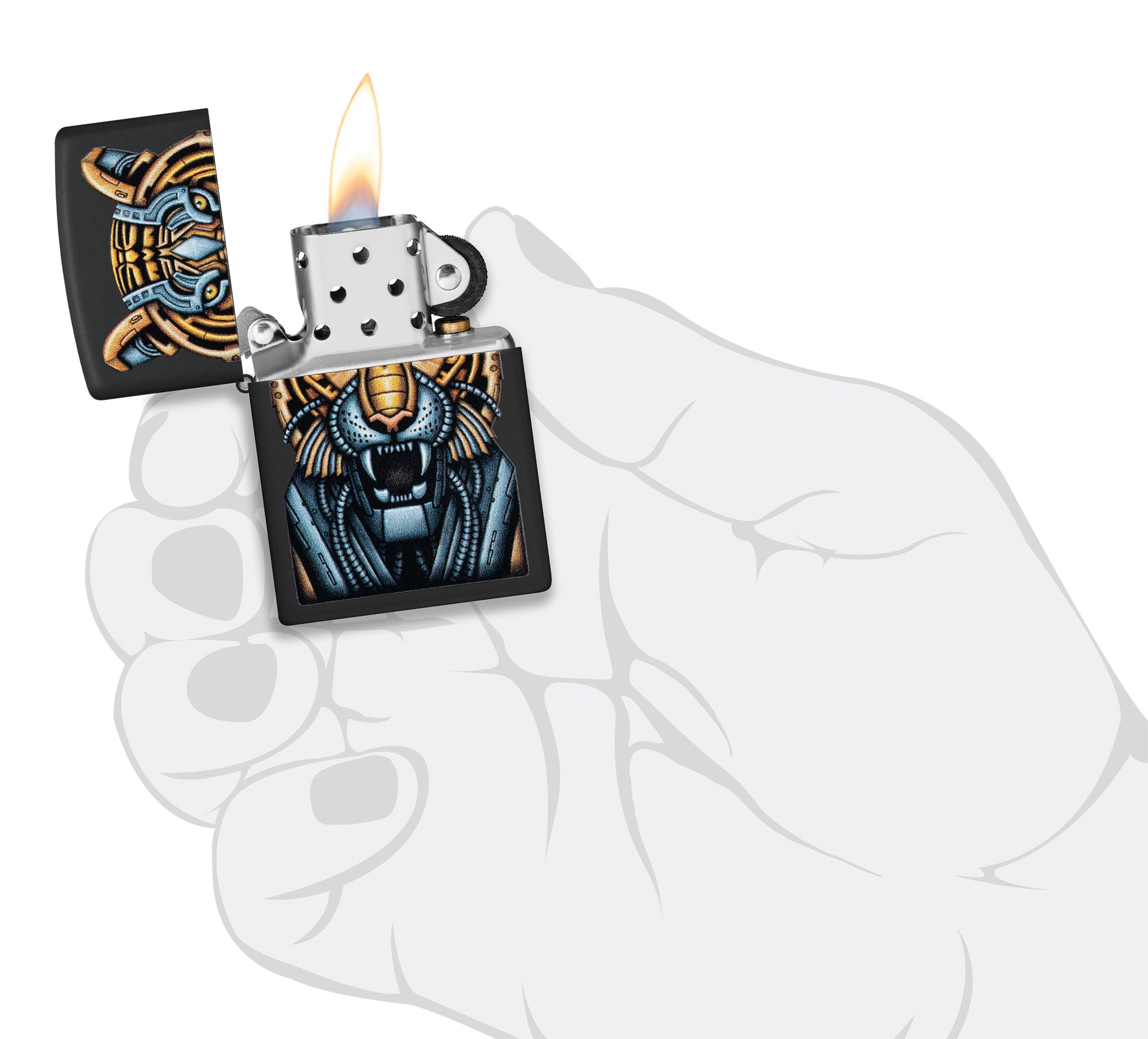 Zippo Bionic Tiger Design Black Matte Windproof Lighter lit in hand.