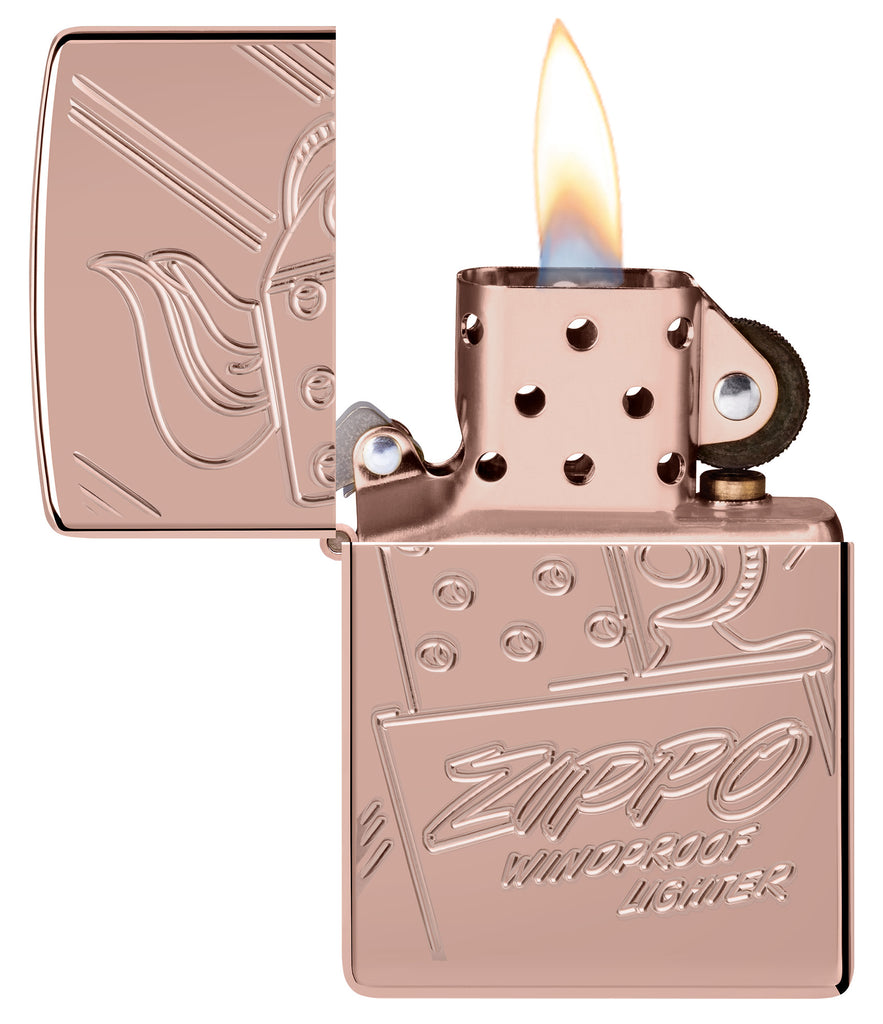 Zippo Script Collectible Armor Rose Gold Windproof Lighter with its lid open and lit.
