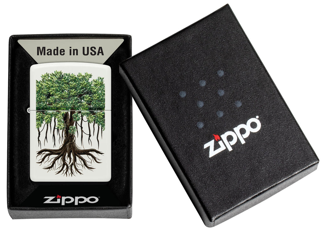Zippo Tree Life Design White Matte Windproof Lighter in its packaging.