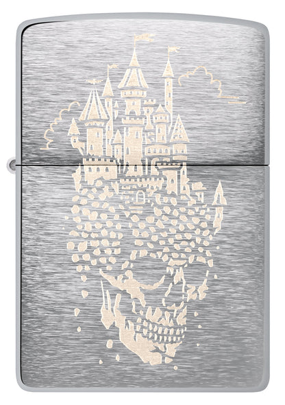 Front view of Zippo Skull Castle Design Brushed Chrome Windproof Lighter.