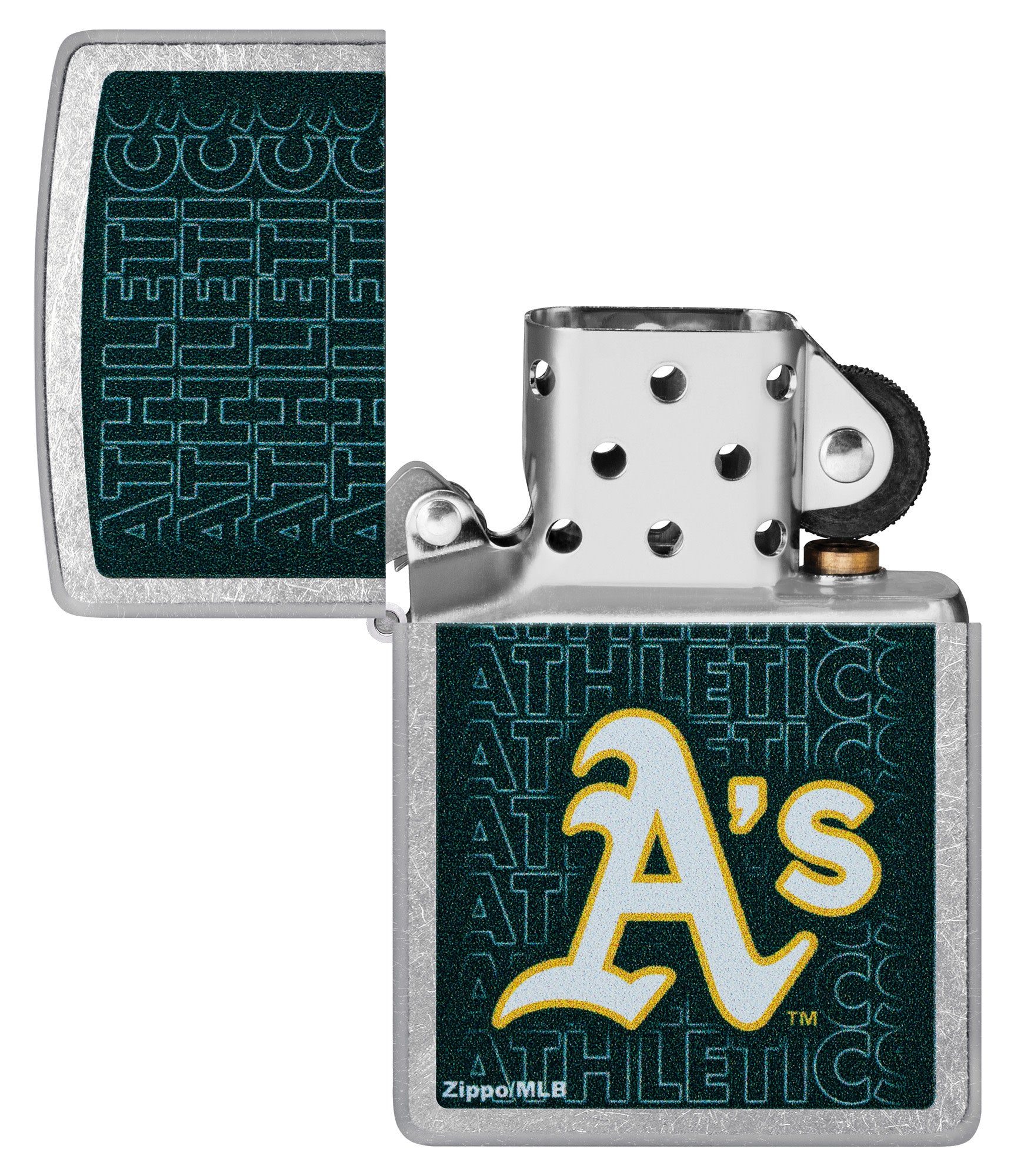 Zippo MLB® Oakland Athletics Street Chrome Windproof Lighter with its lid open and unlit.