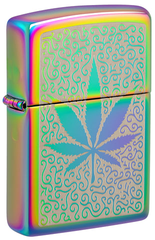 Front view of Zippo Cannabis Design Multi-Color Windproof Lighter standing at a 3/4 angle.