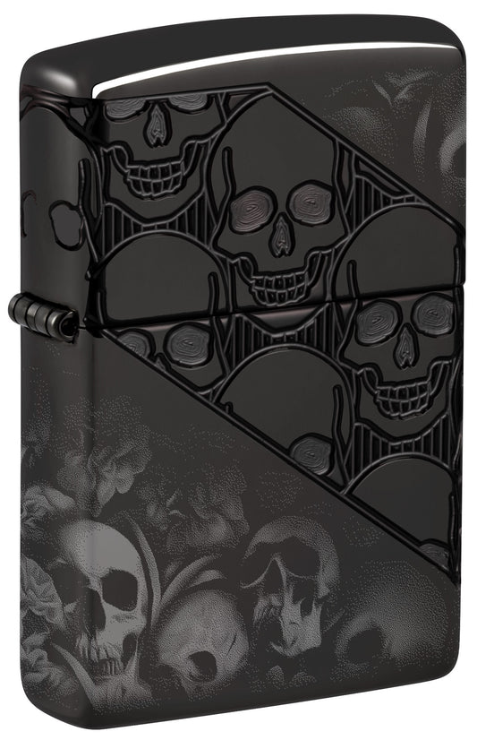 Front shot of Zippo Skull Collage Design ArmorÂ® High Polish Black Windproof Lighter standing at a 3/4 angle.