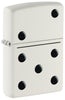 Front shot of Zippo Domino Design White Matte Windproof Lighter standing at a 3/4 angle.