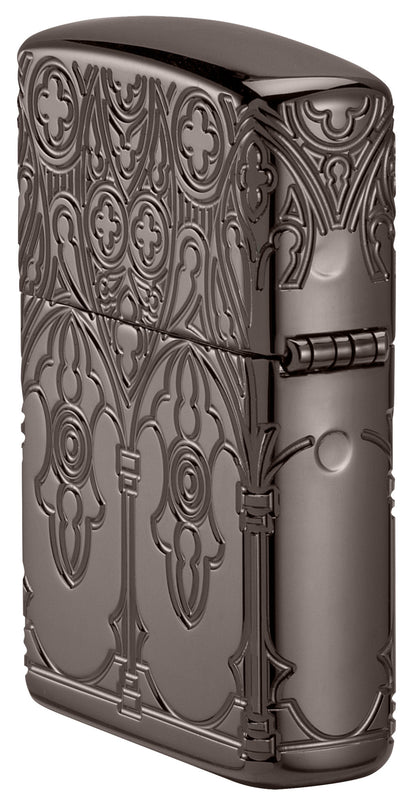Angled shot of Zippo Gothic Window Design ArmorÂ® Black IceÂ® Windproof Lighter showing the back and hinge sides of the lighter.