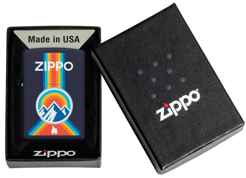 Zippo Logo Mountain Outdoor Logo Navy Matte Windproof Lighter in its packaging.