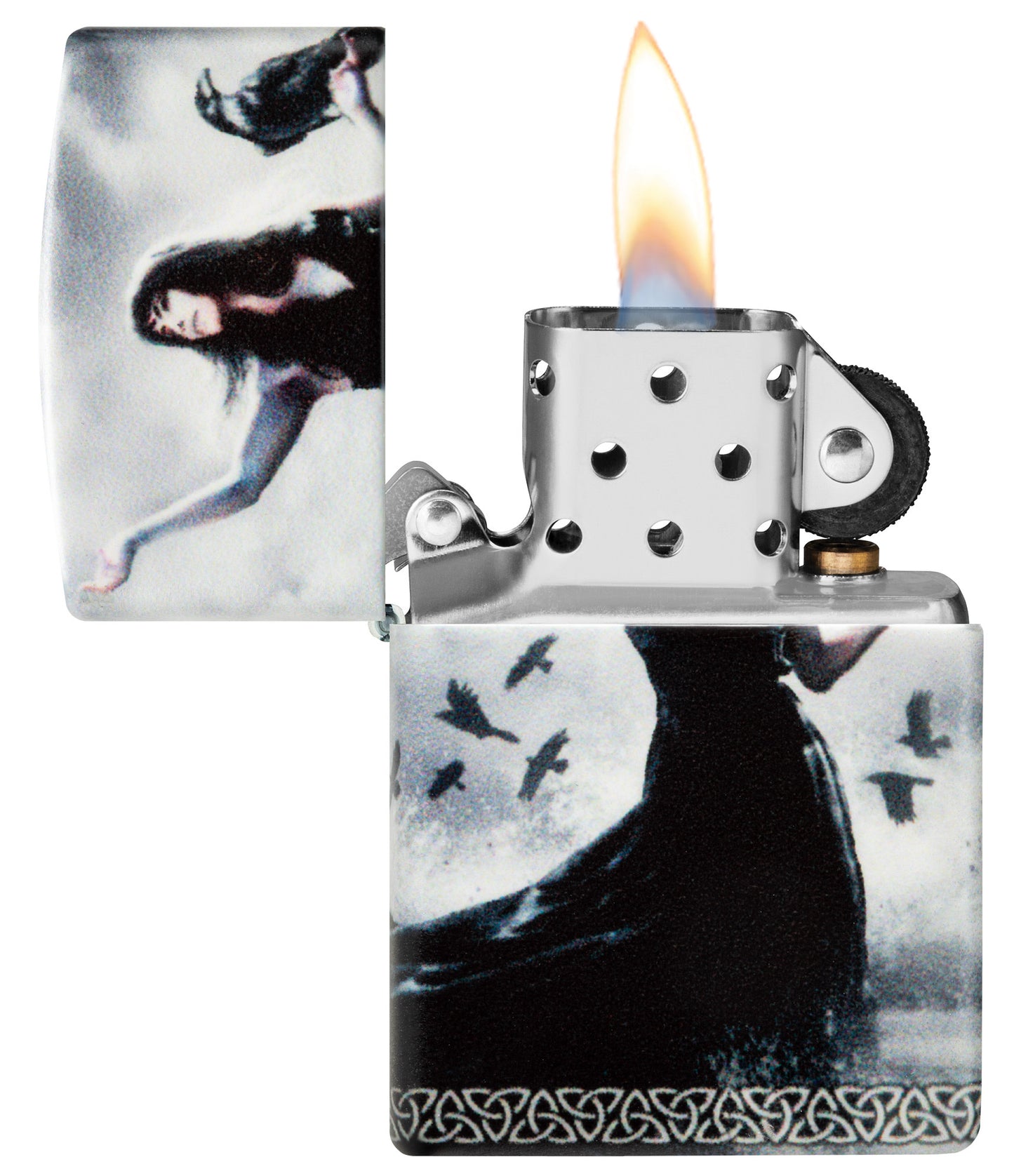 Zippo MazziÂ® 540 Matte Windproof Lighter with its lid open and lit.