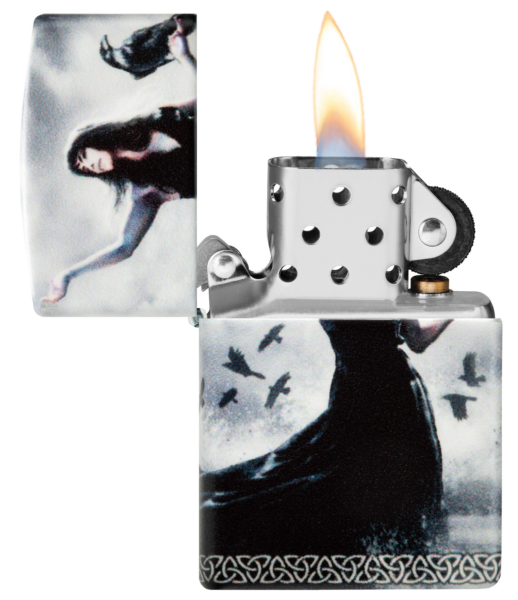 Zippo MazziÂ® 540 Matte Windproof Lighter with its lid open and lit.