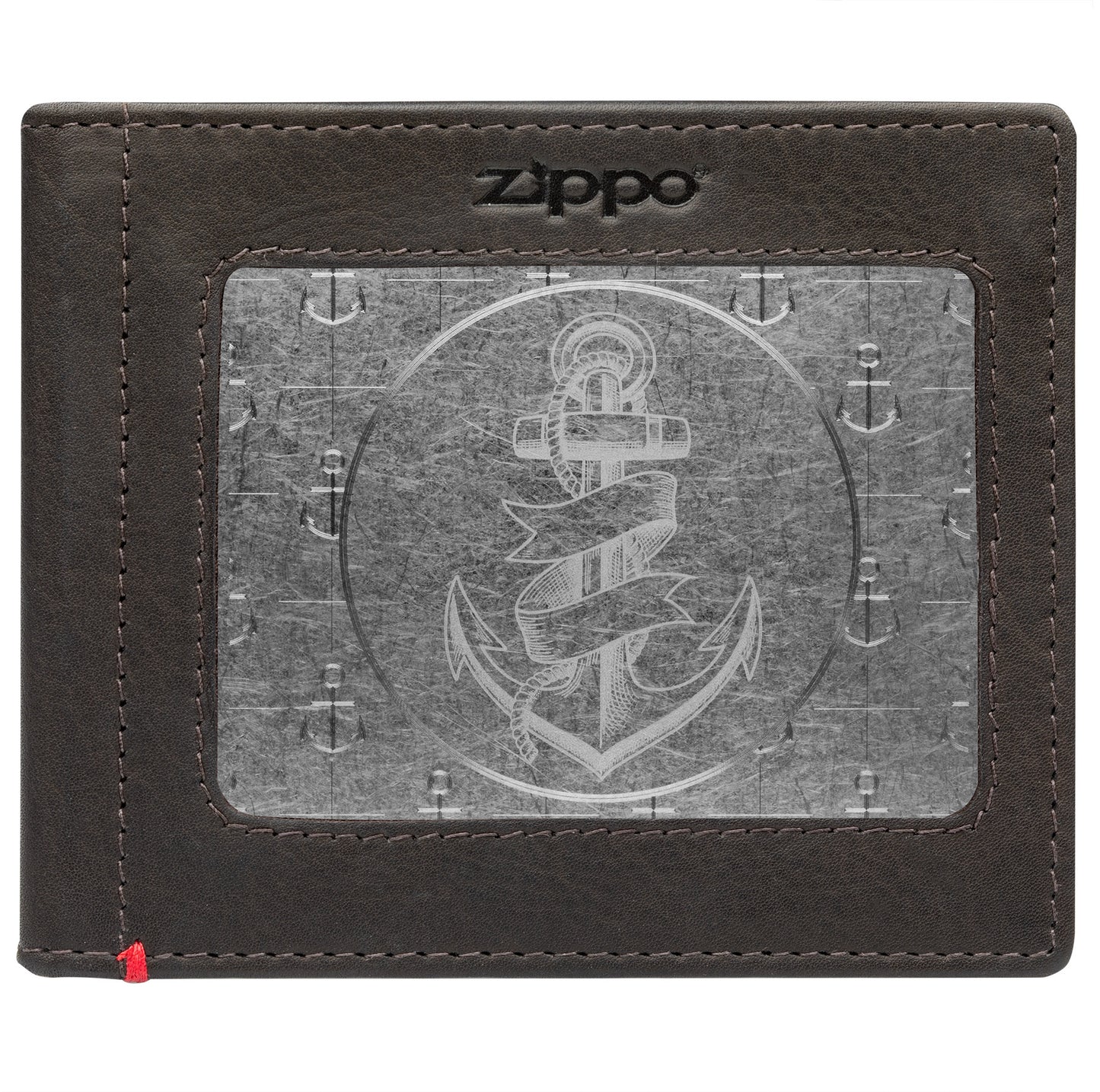 Front of mocha Leather Wallet With Anchor Metal Plate - ID Window
