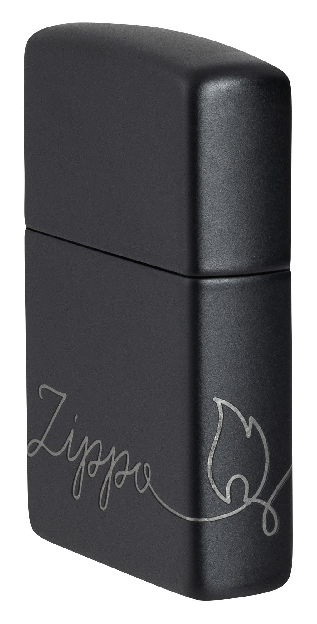 Angled shot of Zippo Design Black Matte with Chrome Windproof Lighter showing the front and right side of the lighter.