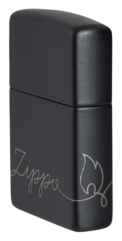 Angled shot of Zippo Design Black Matte with Chrome Windproof Lighter showing the front and right side of the lighter.