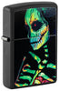 Front shot of Zippo Glowing Skull Design Black Matte Windproof Lighter standing at a 3/4 angle.