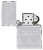 Zippo Flame Design Armor High Polish Chrome Windproof Lighter with its lid open and unlit.