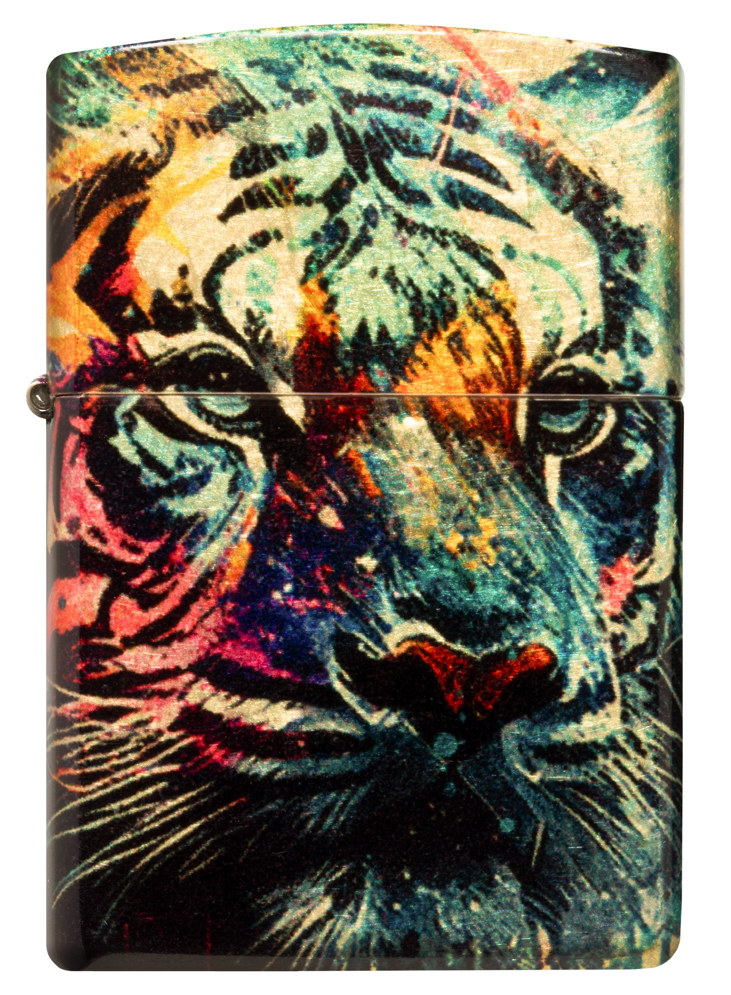 Front view of Zippo Painted Tiger Design 540 Tumbled Brass Windproof Lighter.