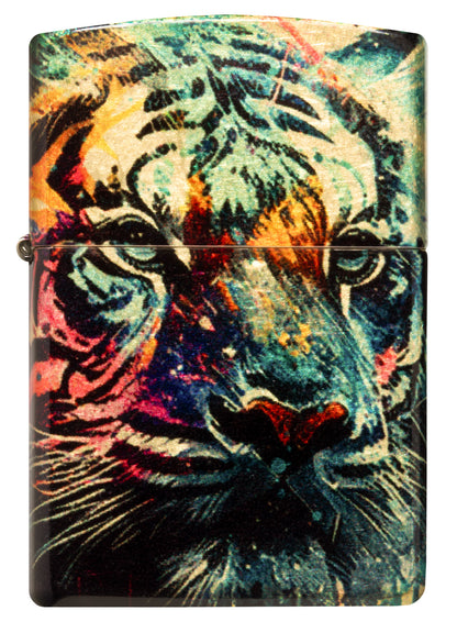 Front view of Zippo Painted Tiger Design 540 Tumbled Brass Windproof Lighter.