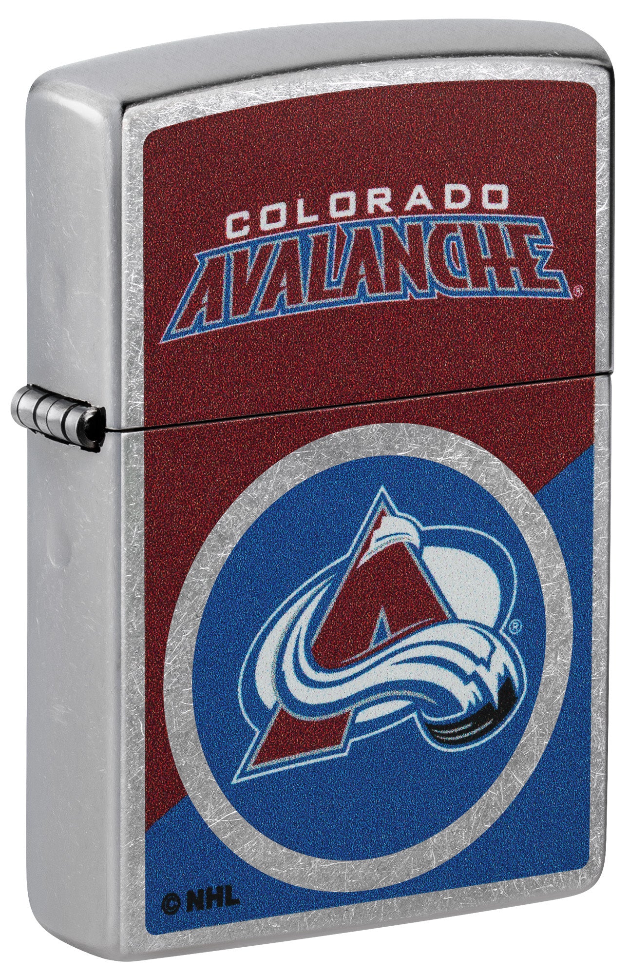 Front shot of Zippo NHL® Colorado Avalanche® 2024 Street Chrome™ Windproof Lighter standing at a 3/4 angle.