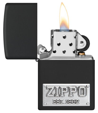 Zippo Wolf Emblem Design Brushed Chrome Windproof Lighter with its lid open and lit.