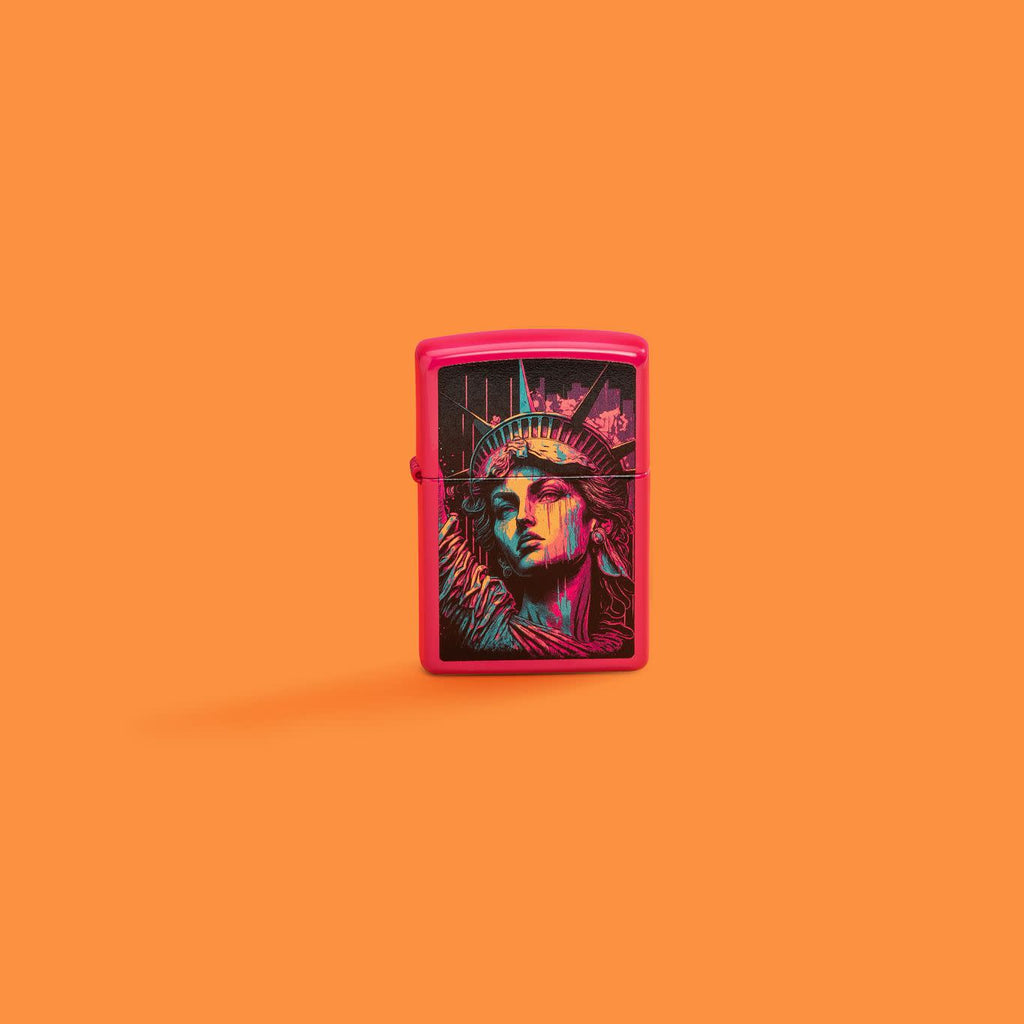Lifestyle image of Zippo American Lady Frequency Windproof Lighter on an orange background.