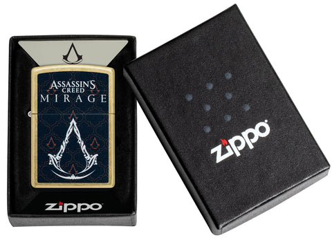 Zippo Assassins Creed® Mirage Reg Street Brass Windproof Lighter in its packaging.