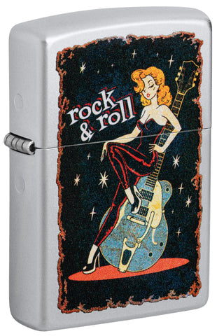 Front view of Zippo Cool Chick Design Satin Chrome Windproof Lighter standing at a 3/4 angle.