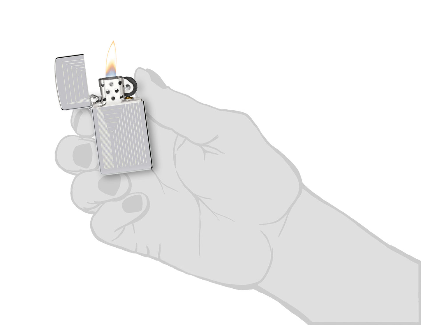 Zippo SlimÂ® Laser Pattern Design High Polish Chrome Windproof Lighter lit in hand.