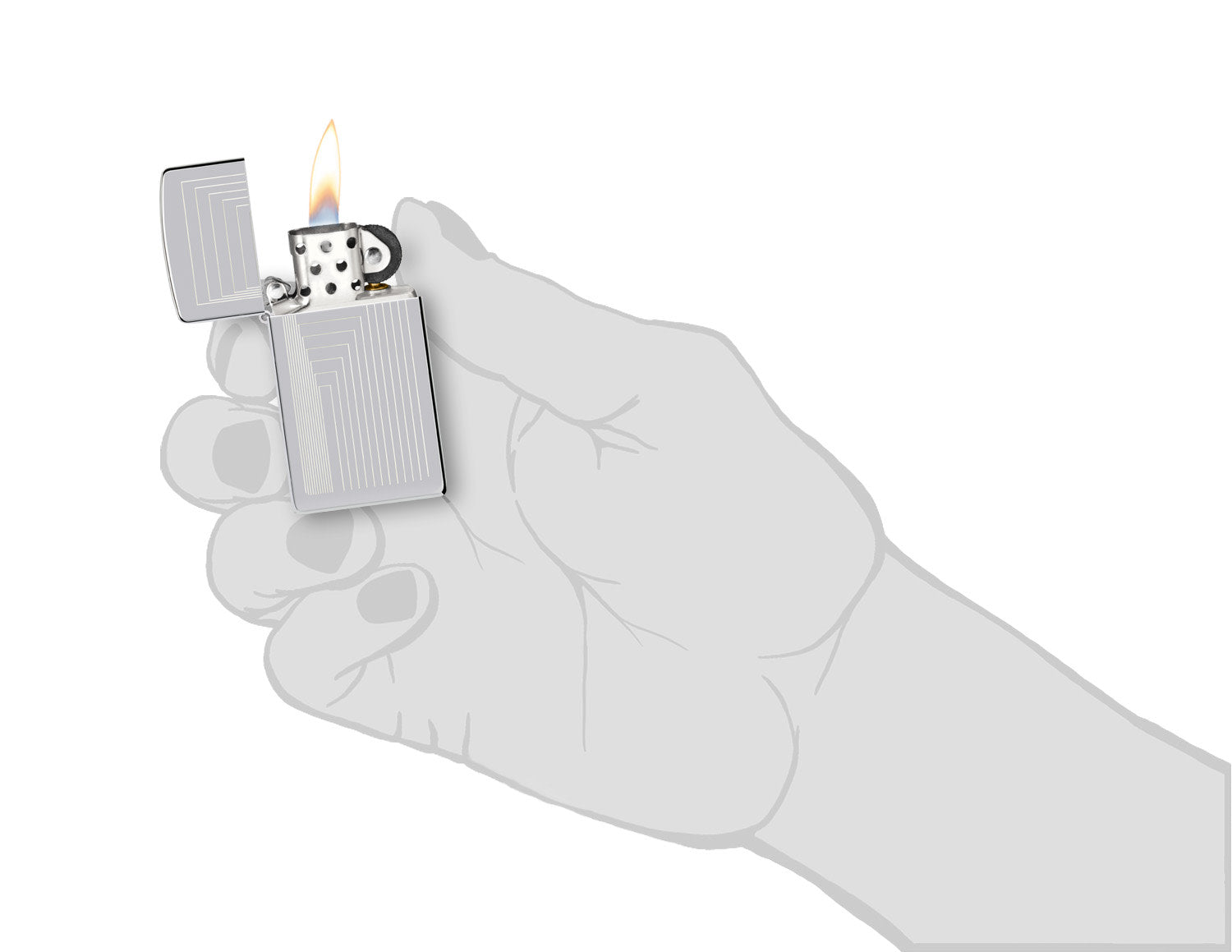 Zippo SlimÂ® Laser Pattern Design High Polish Chrome Windproof Lighter lit in hand.