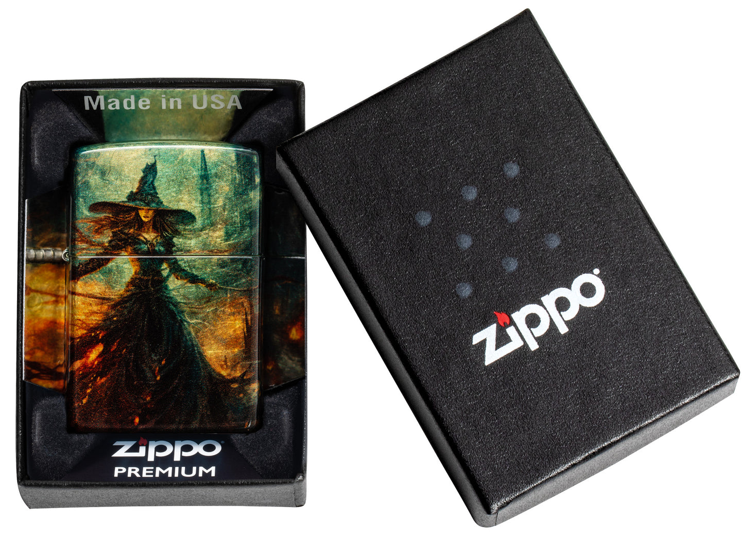 Zippo Fire Mage Design 540 Tumbled Brass Windproof Lighter in its packaging.