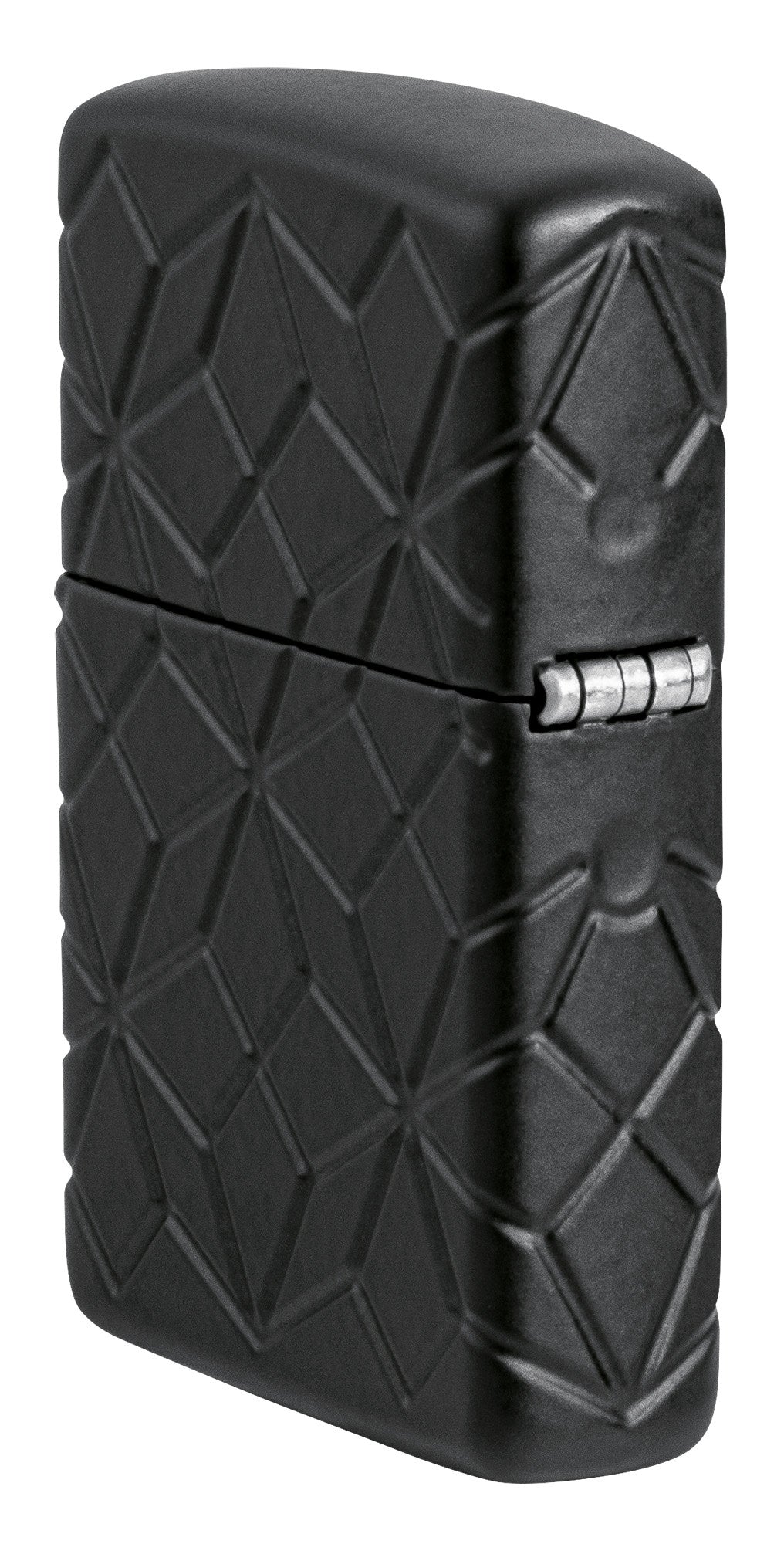 Angled shot of Zippo Crystal Design ArmorÂ® Black Matte Windproof Lighter showing the back and hinge sides of the lighter.