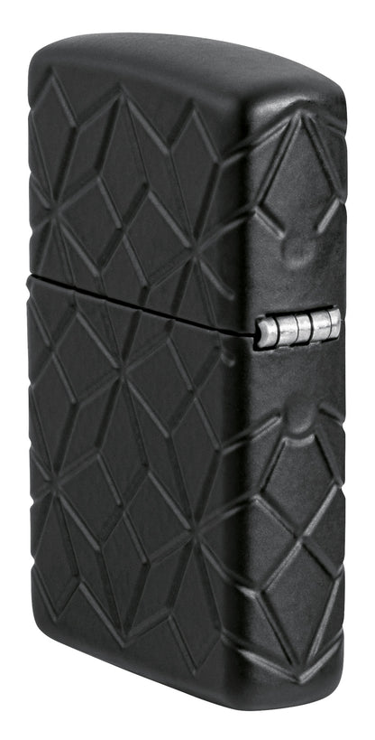Angled shot of Zippo Crystal Design ArmorÂ® Black Matte Windproof Lighter showing the back and hinge sides of the lighter.