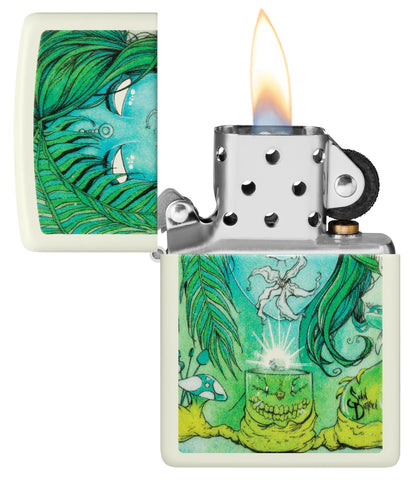 Zippo Sean Dietrich Glow in the Dark Matte Windproof Lighter with its lid open and lit.