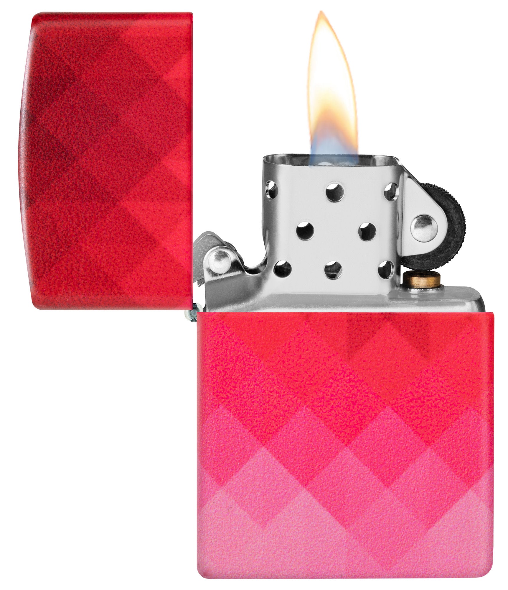Zippo Ombre Pixel Design 540 Matte Windproof Lighter with its lid open and lit.