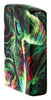 Angled shot of Zippo Psychedelic Swirl Design Glow in the Dark Green Matte Windproof Lighter showing the front and right side of the lighter.