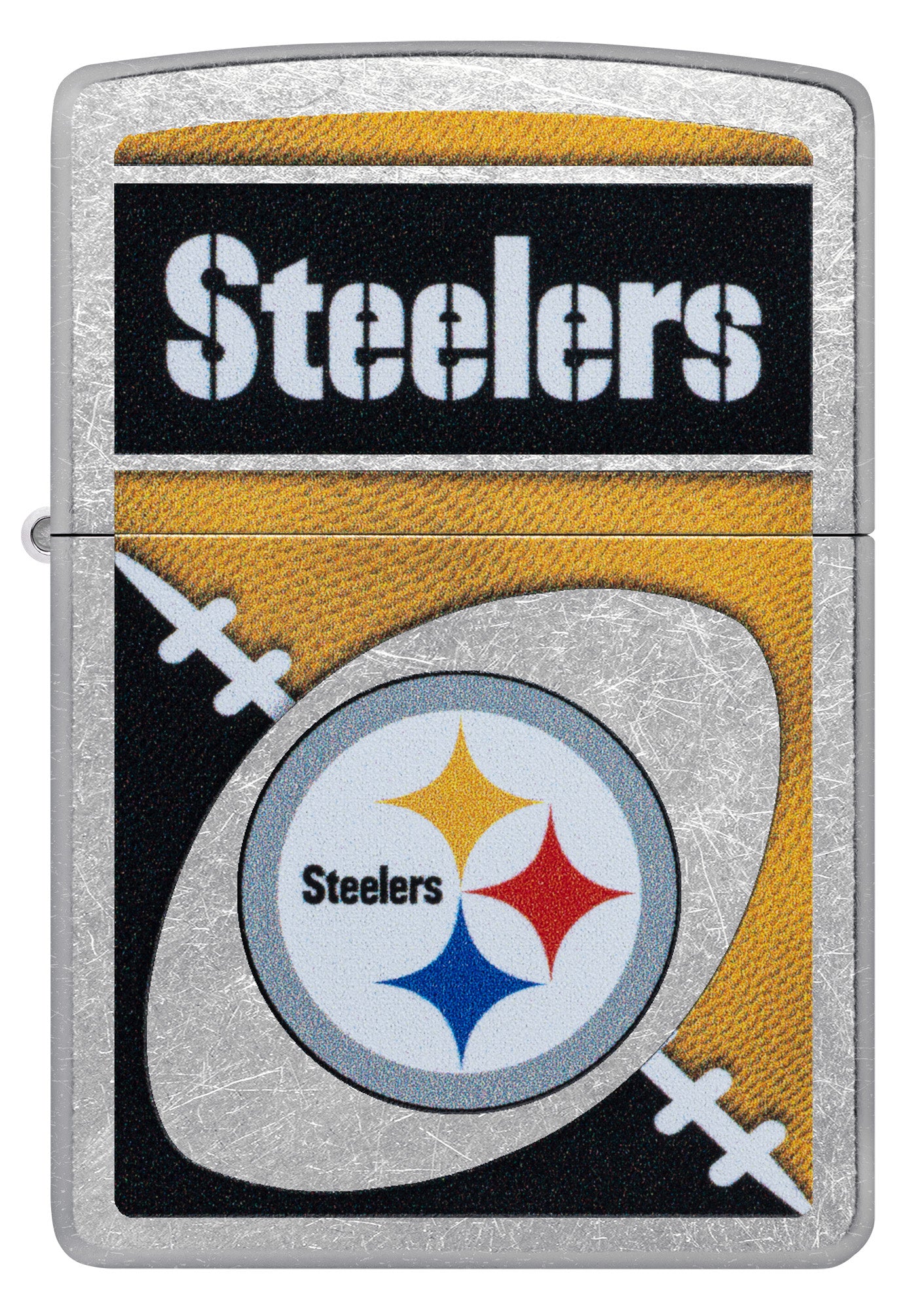 Front view of Zippo NFL Pittsburgh Steelers Street Chrome Windproof Lighter.