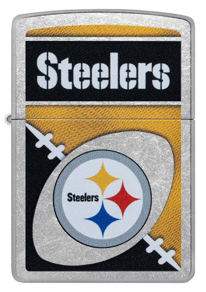 Front view of Zippo NFL Pittsburgh Steelers Street Chrome Windproof Lighter.