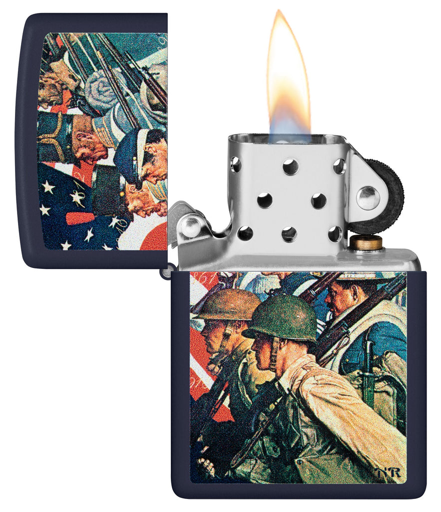 Zippo Norman Rockwell To Make Men Free Navy Matte Windproof Lighter with its lid open and lit.