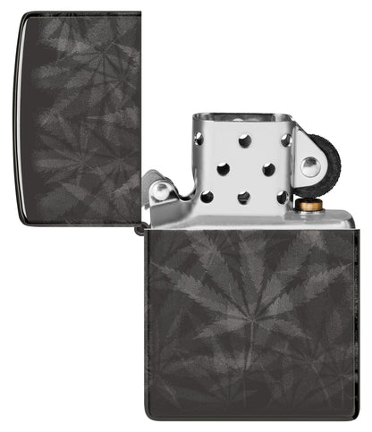 Zippo Cannabis Design High Polish Black Windproof Lighter with its lid open and unlit.