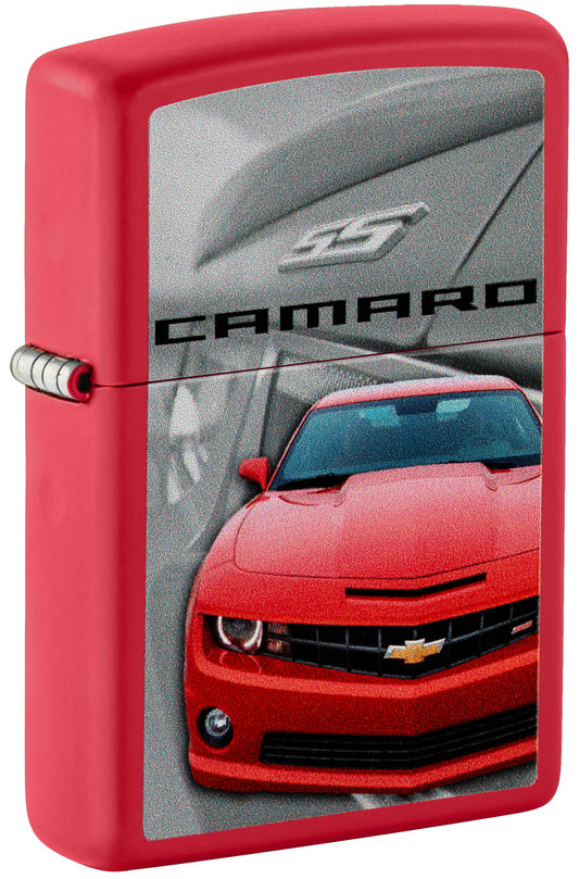 Front shot of Zippo ChevroletÂ® Camaro Design Red Matte Windproof Lighter standing at a 3/4 angle.