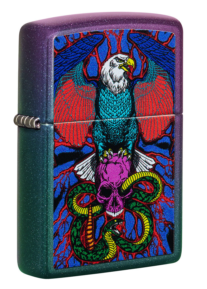 Front shot of Eagle, Snake, Skull Design Iridescent Windproof Lighter standing at a 3/4 angle