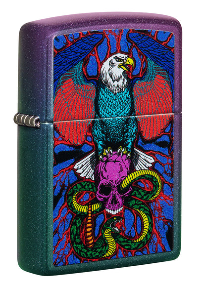 Front shot of Eagle, Snake, Skull Design Iridescent Windproof Lighter standing at a 3/4 angle